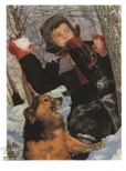 Открытка В парке. Мальчик играет в снежки с собакой, 1955