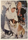 Открытка В собачьей упряжке. Дети зимой, 1956
