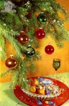 Открытка Новогодняя. Елочные украшения, бокал шампанского, 1970